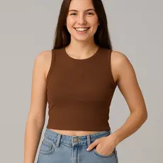 Regatinha Cropped Marrom Feminina Básica Ribana Canelada Premium elegante