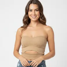 Top Cropped Bege Bojo Feminino Ribana Canelada Tam Unico Elegante Premium