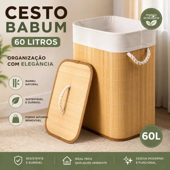 Cesto Babum 60 Litros Grande para Roupas Sujas Dobrável Organizadora Lavanderia Alta Capacidade