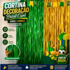 KIT 2 Cortinas Metalizadas Brasil Copa do Mundo Verde Amarelo Decoração Festa Torcida
