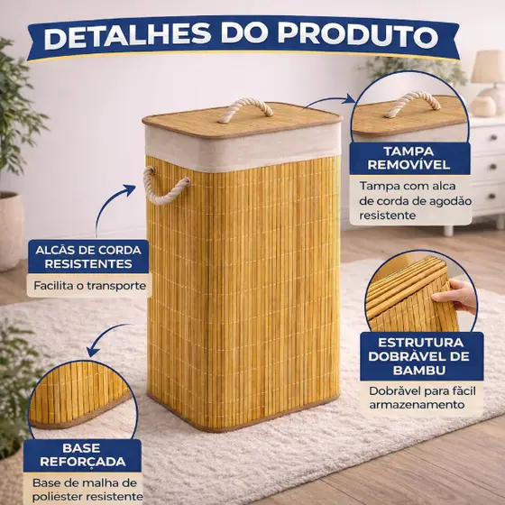 Cesto de Roupa Bambu 72L Dobrável Organizador com Revestimento Interno de alta capacidade