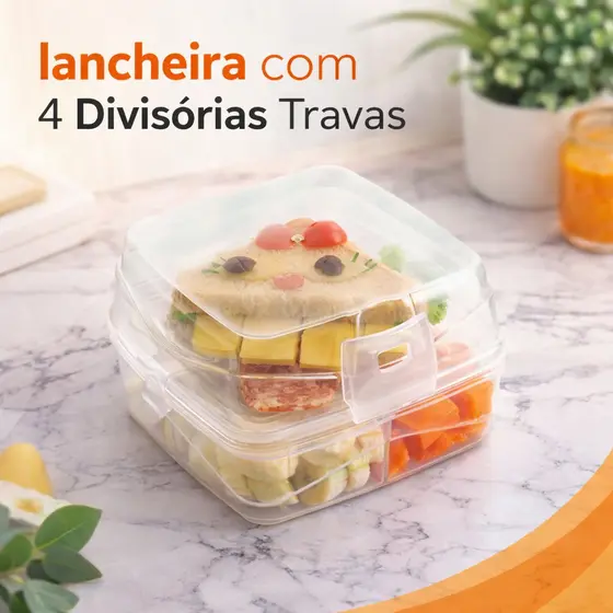 Lancheira Dupla com 4 Divisórias Transparente Lanche Marmita Lanche Escolar Marmitinha Trabalho