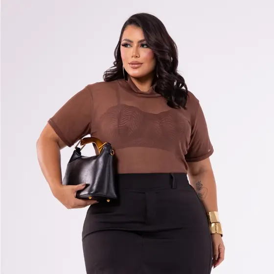 Blusa Feminina Segunda Pele Plus Size Em Tule Premium Gola Alta Confortável Manga Longa Elasticidade Elegante