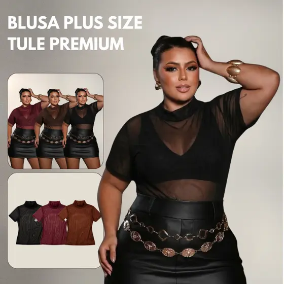 Blusa Plus Size em Tule Premium G1 G2 Gola Alta e Manga Curta Confortável Blusa Segunda Pele Não Amassa