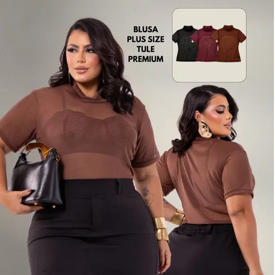 Blusa Feminina Em Tule Premium Plus Size Segunda Pele Transparente Elegante Inverno Gola Alta Confortável Toque Macio