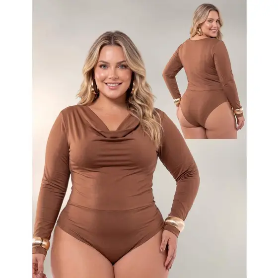 Body Feminino Plus Size Manga Longa Poliamida Gola Degagê Tecido Duplo Premium Macio Estiloso Elegante