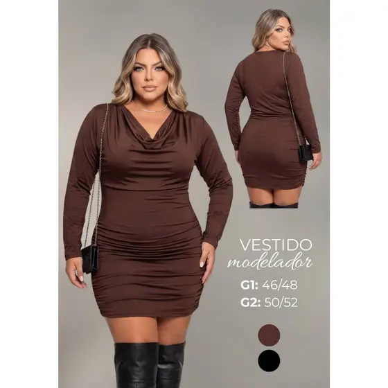 Vestido Plus Size Modelador Festa Gola Boba Decote Degagê 100% Forrado Poliamida Premium Manga Longa Zero Transparência