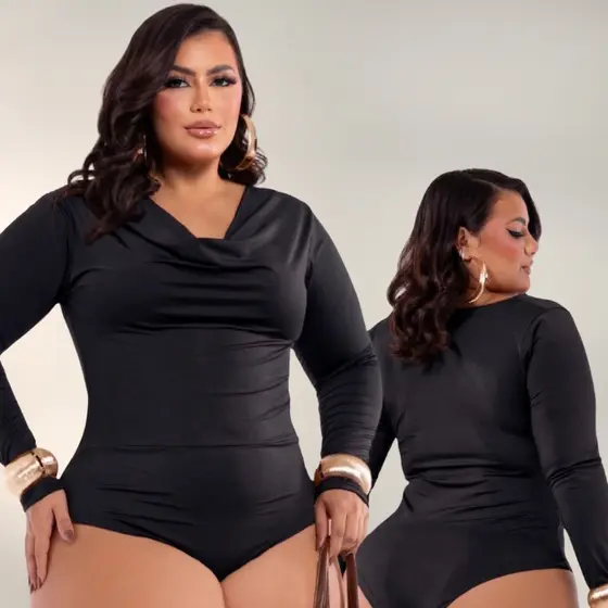 Body Poliamida Premium Plus Size Tecido Duplo Gola Degagê Confortável G1 G2 Manga Longa Estilo Inverno