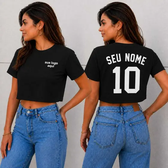Camiseta Cropped Feminino 100% Algodão Feminina Personalizado Roupas Femininas Número Nome e Logo