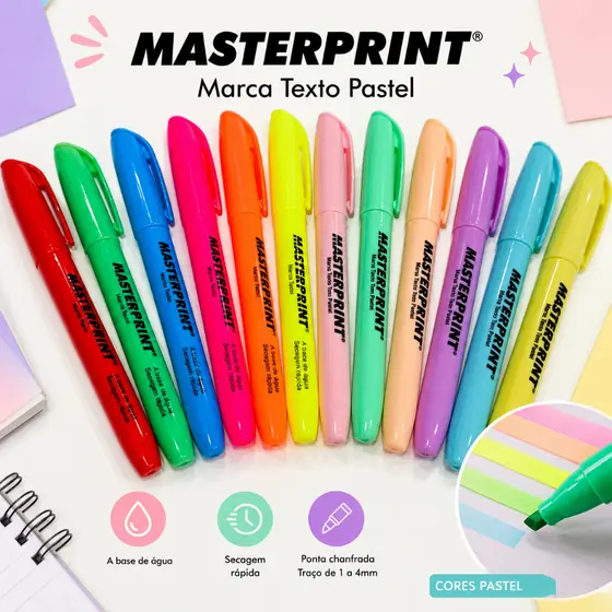 Kit 12 / 6 Marca Texto / 6 Neon + 6 pastel / Caneta Marca Textos MasterPrint Envio Imediato