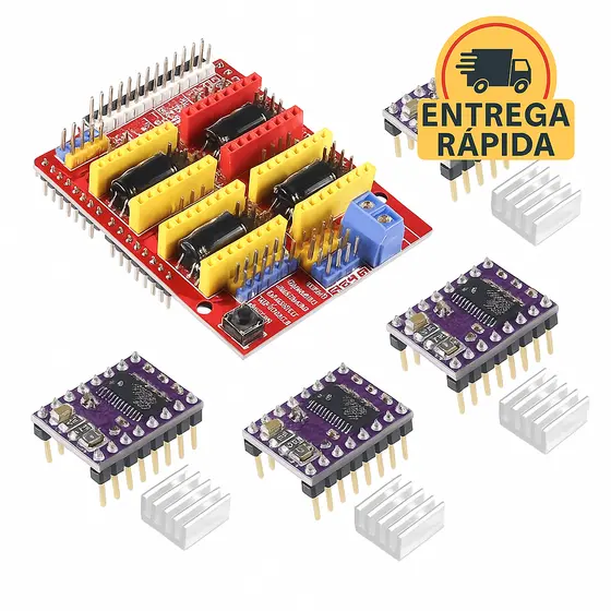 Kit CNC Shield V3 + 4 Drivers DRV8825 ou A4988 com Dissipadores / Pronta Entrega