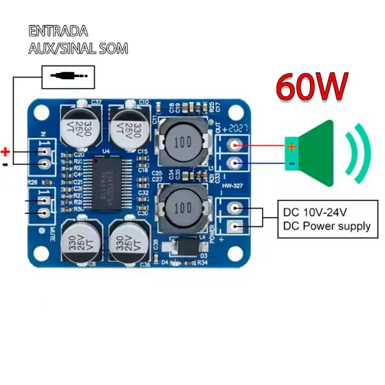 Placa Amplificadora de Áudio 60W TPA3118 Mono 1 Canal DC 8V-26V Alta Potência Hi-Fi para Caixa Som DIY