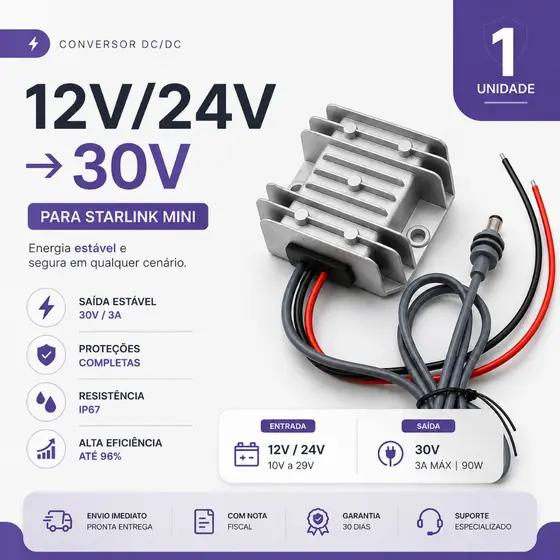 Conversor DCDC Starlink Mini 12/24V para 30V Boost 3A 90W