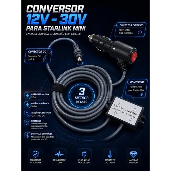 Conversor/Inversor 30v Veicular Para Starlink Mini Completo 12/24v Dc