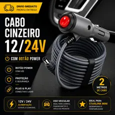 Cabo 12v/24v Starlink Mini 2 Metros Veicular Carregamento Cinzeiro Carro resistente a água