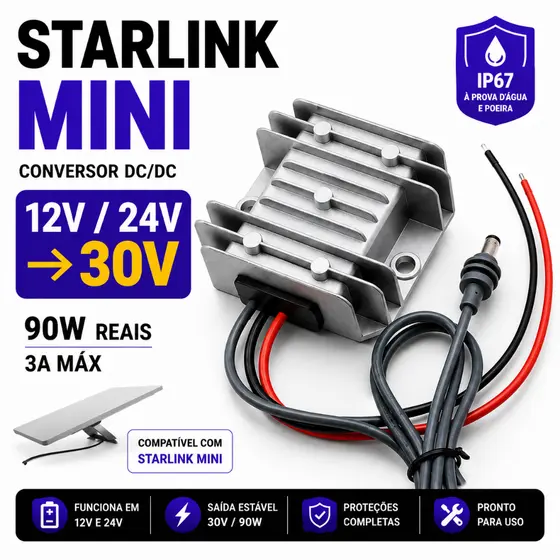 Fonte Veicular Starlink Mini 12V 24V Para 30V Conversor 90W