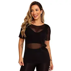 Blusa Feminina Transparente De Tule Manga Curta Camiseta Academia Treino Fitness Musculação