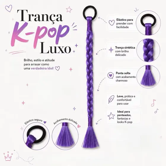 Trança Rumi Cosplay Guerreiras do Kpop Mira Zoe Caçadores Roxo Preto Vermelho Cabelo Longo