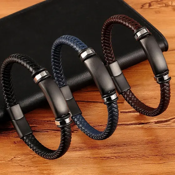 Novo Luxo Acessórios De Aço Inoxidável Combinação De Couro Genuíno 3 Cores Braceletes Masculinas Pulseira Tecido Para An