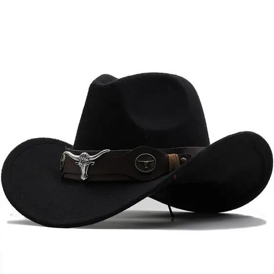 Novo Chapéu de Lã Preto Estilo Cowboy Ocidental para Homens e Mulheres, Chapéu de Jazz para Cavalheiros, Sombrero Hombre