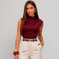 Body Feminino Regata Gola Alta Drapeado Elegante Suplex Casual Social Moda Feminina