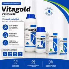 Vitagold Potenciado 250 ml 50 ml ou 20 ml  Vitagold para Aves Equinos Suínos Cães Gatos Bovinos Ovinos
