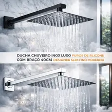 Ducha Chuveiro Inox Luxo Furos de Silicone Com Braço 40CM Designer Slim Fino Moderno