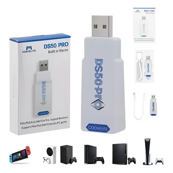 Conversor USB DS50 Pro Para Controles PS5 PS4 Switch PC Adaptador Wireless Plug Play Baixa Latência Multiplataforma