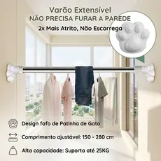 Varão Extensivel Sem Furar Parede Patinha de Gato Suporta 25kg SEM FUROS Suporte Cortina Extensível 2X Mais Firme
