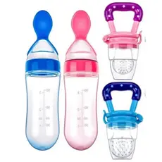 Kit Alimentação Chupeta Mordedor Porta Frutas e Mamadeira de Silicone com Colher Dosadora