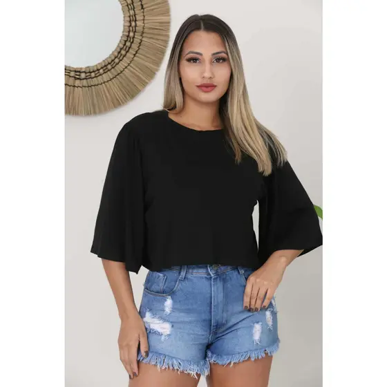 Blusa Cropped Manga Flare 3/4  Gola Redonda