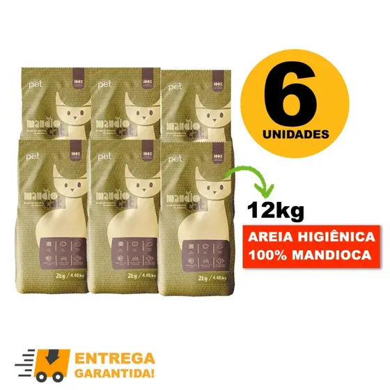 Areia de Gato MandioCat Biodegradável higiênica natural 100% Mandioca 12KG-Envio Imediato