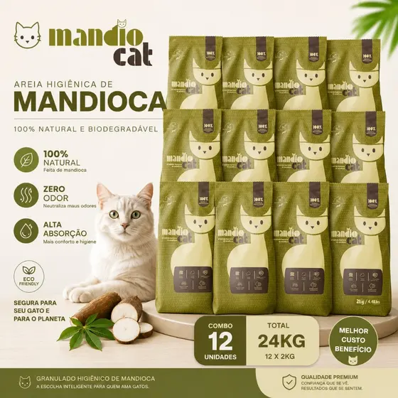 Areia Gato 100% Mandioca - Mandio Cat | Zero Odor, Alta Absorção e Torrões Firmes - 24kg