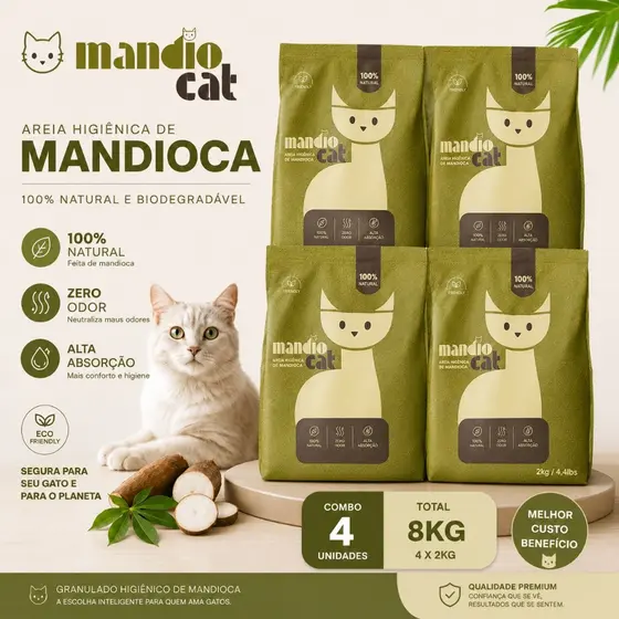 Areia Gato 100% Mandioca - Mandio Cat | Zero Odor, Alta Absorção e Torrões Firmes 8kg