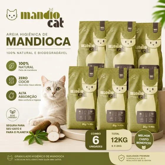 Areia Gato 100% Mandioca - Mandio Cat | Zero Odor, Alta Absorção e Torrões Firmes - 12kg