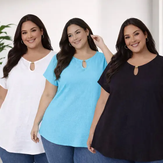 Blusa Plus Size Feminina Casual Chic Fashion Manga Curta Tecido Duna GG G1 G2 G3 até 54