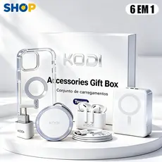 Kit 6 em 1 para iPhone | Carregador Indução MagSafe + Cabo + Fone Bluetooth + Carregador Portátil P2