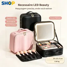 Maleta Organizadora de Maquiagem em Couro com Espelho LED Preto/Rosa Modelo Profissional-Q10