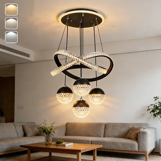 Lâmpada Suspensa Quatro Bolas (Dourado/Preto) Luz Três Cores  O16