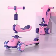 Patinete Infantil 3 em 1 com Música Dobrável 3 Rodas Luz LED Altura Ajustável Até 60kg-P15