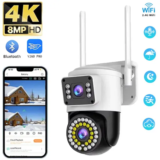 Câmera de Segurança Wi-Fi Externa Lente Dupla 360° 4K com Sirene Policial Impermeável G1
