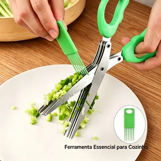 Tesoura de Cozinha 5 Lâminas Inox para Picar Legumes e Ervas