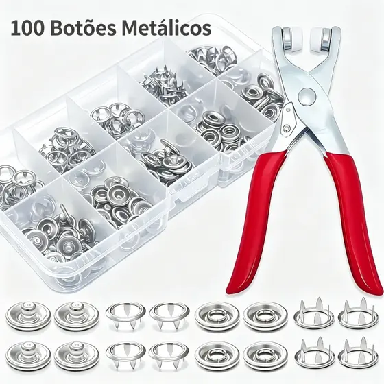 alicate aplicador + 100 botões metálicos de pressão para roupas