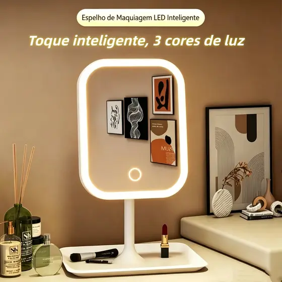 Espelho Decorativo com LED de Mesa Redondo / Quadrado para Maquiagem e Luminaria luz forte