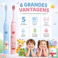 Escova de Dente Elétrica Infantil + 4 Refis Limpeza Suave Cerdas Macias à Prova D'Água Recarregável