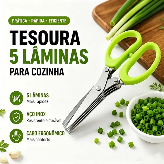 Tesoura De Cozinha 5 Lâminas Inox - Cortador Multiuso De Ervas E Vegetais