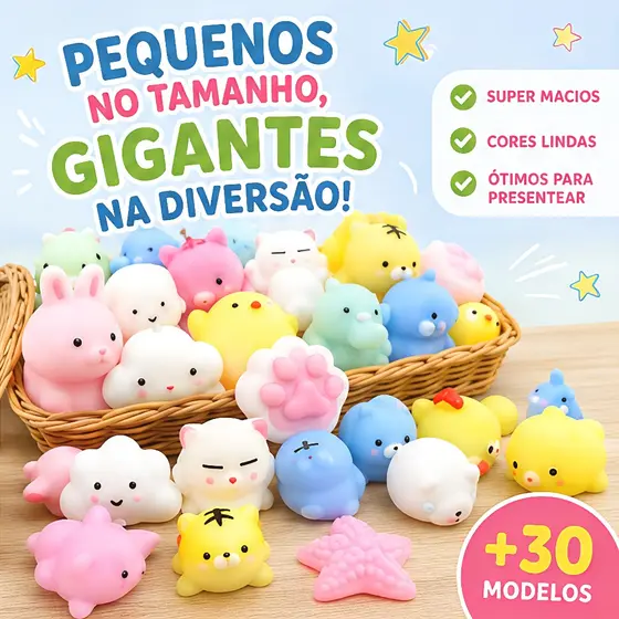 Kit 10/20/30 Squishy Mochi Bichinhos, Brinquedo Macio Anti-Stress, Brinquedo Sensorial Fofo para Apertar e Relaxar