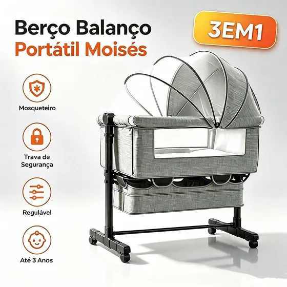 Berço Portátil 3 em 1 Dobrável Multifuncional para Bebê, Com Mosquiteiro Cercadinho, Super Resistente Suporta Até 50kg