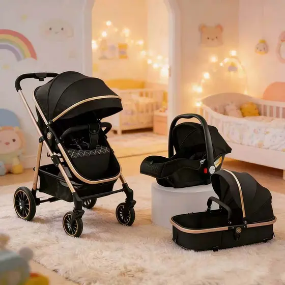 Carrinho de Bebê 3 em 1 Luxuoso | Moisés + Bebê Conforto + Base Veicular, Seguro e Confortável