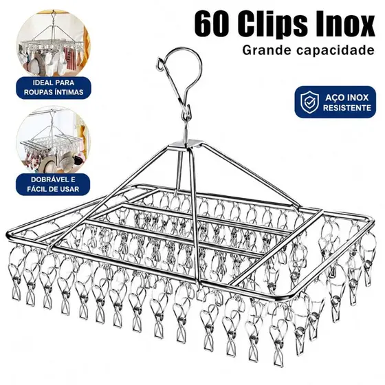 Varal De 60 Clips Inox Prendedores Pratico E Retrátil Cabide Para Roupas Intimas Para Pequenas